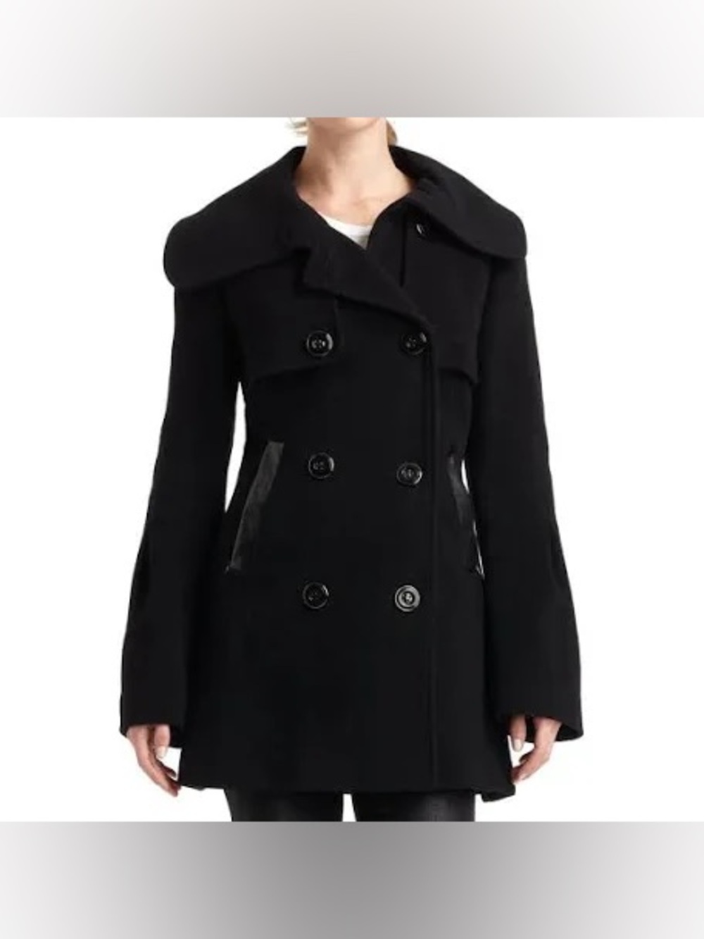 Mackage Black Double-Breasted Pea Coat with Leather-Trimmed Pockets